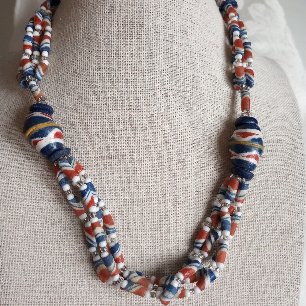 Ghana Krobo Powder Glass Bead Necklace Red, White Blue 16in Multistand